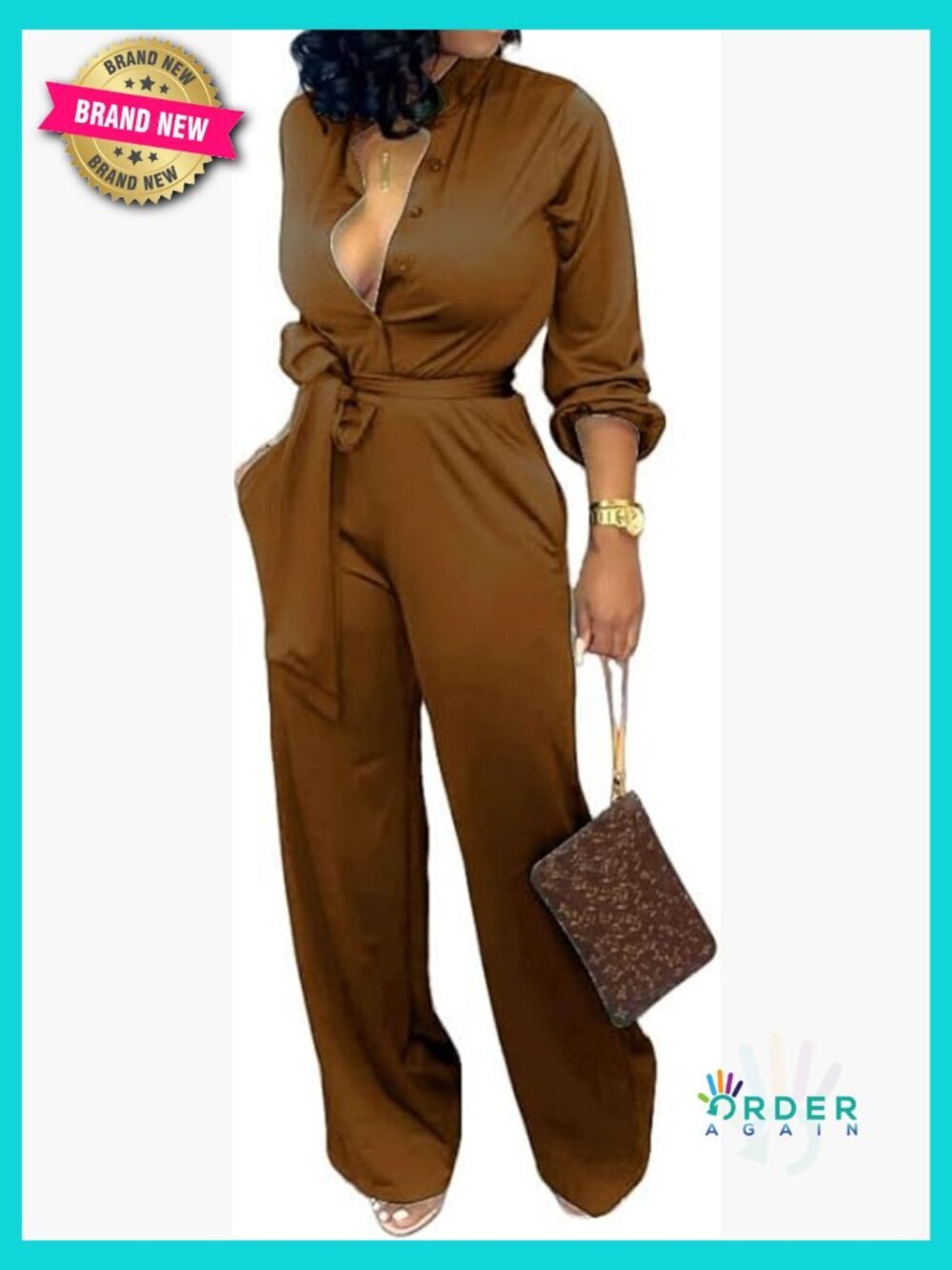 Elegant Formal Jumpsuit Long Sleeve Classic Fit Business Party Wear with Belt